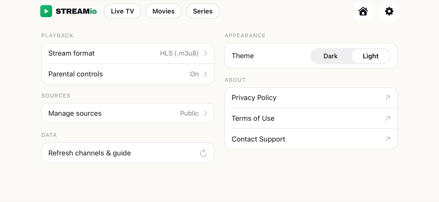 Settings in the light theme