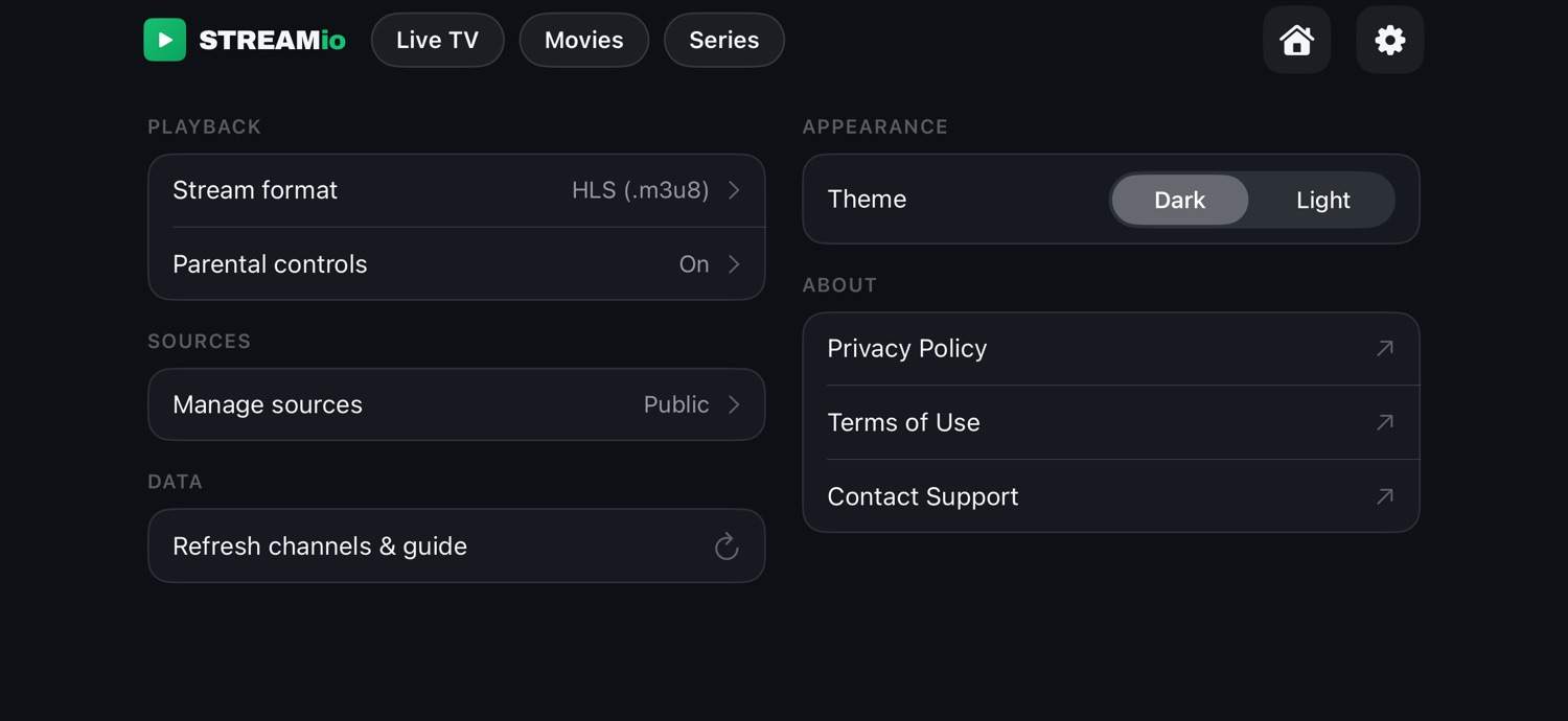 Settings in the dark theme